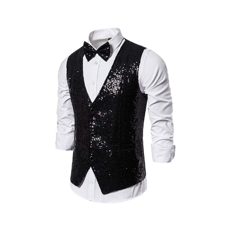 Catheive Men's Sequin Vest Shiny Suit Vest V-Neck Party Dress Waistcoat with Bowtie - Image 2